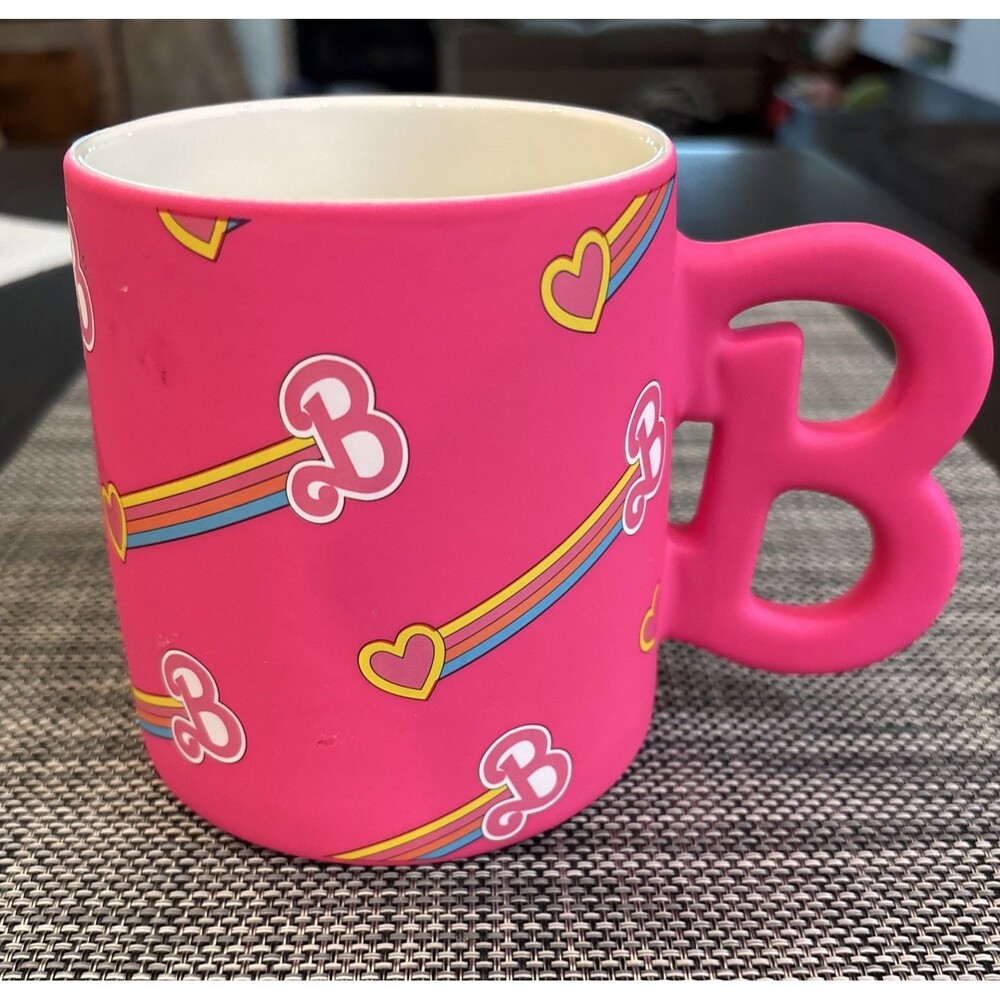 Barbie Soft Touch Hot Pink Large 21 Oz Ceramic Mug B Handle~Hearts Rainbows 2024